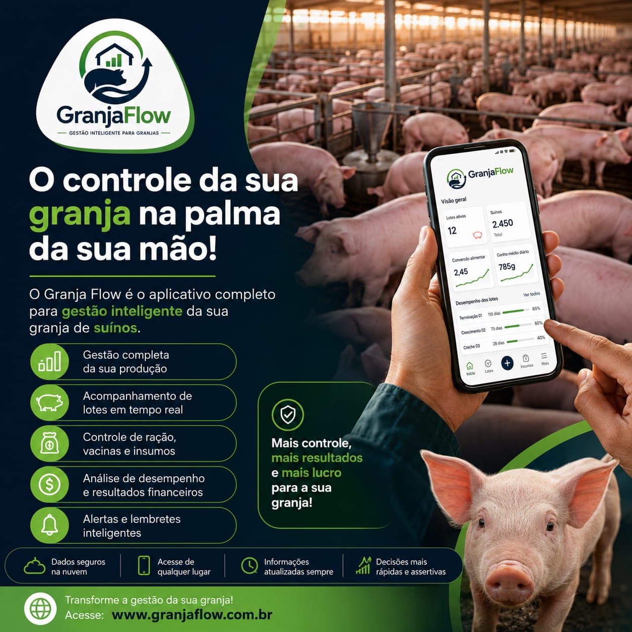 Apresentação do GranjaFlow em uma granja de suínos, com o sistema exibido no celular